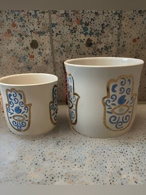 Anthropologie Ceramic Hamsa Planters with Blue and Gold Accents